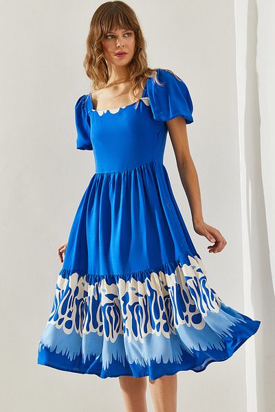 Bianco Lucci Square Collar and Watermelon Sleeve Detailed Terikoton Women's Dress