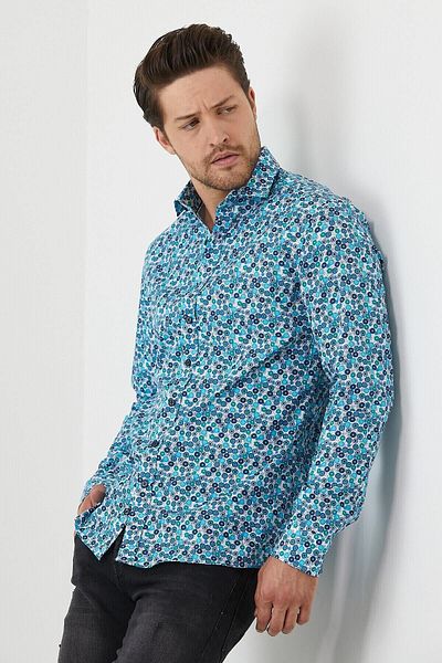 RAVANELLI Ανδρικό πουκάμισο Slim Fit - Βαμβακερό, Μοτίβο ψηφιακής εκτύπωσης
