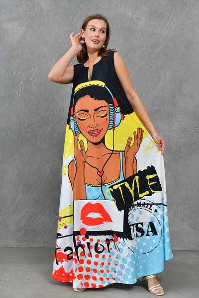 lovebox Digital bedruckter Stoff - Ärmelloses, übergroßes Maxi-Strandkleid mit Taschen 10042
