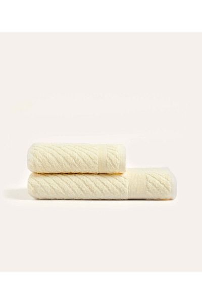 Koza Home Likya Jacquard Border Cream 2-Piece Towel Set Cross Striped 1018a
