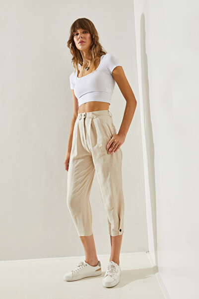 Bianco Lucci Linen Textured Women's Trousers - Cuff Button Detail,60251262