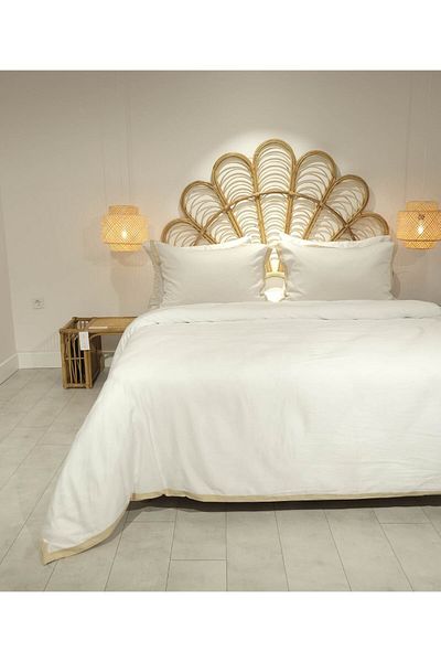 Koza Home Glow Satin Double Optical White Gold Piping Duvet Cover Set 4 Pillows + 240x260 Sheets