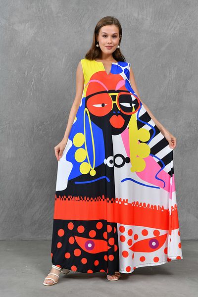 lovebox Digital bedruckter Stoff - Ärmelloses, übergroßes Maxi-Strandkleid mit Taschen 10082