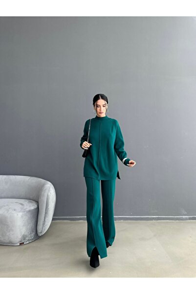 Lusin Women's Half Turtleneck Sweater Trousers Bottom Top Knitwear Set - Nefti Green