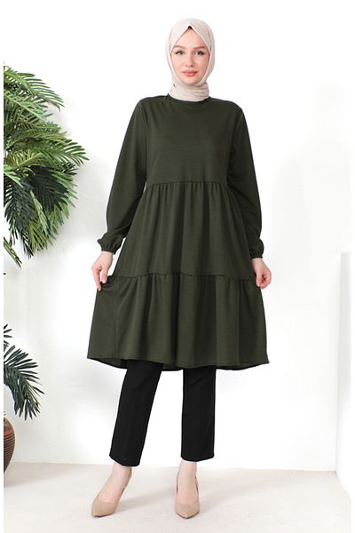 sefamerve Khaki Gathered Tunic - 0699-08 Model