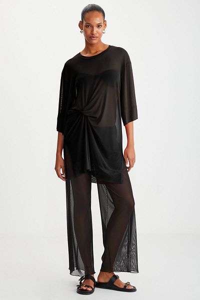 GRIMELANGE Florızel Women's - 100% Polyester, Short Sleeve and Knot Detail Black Blouse