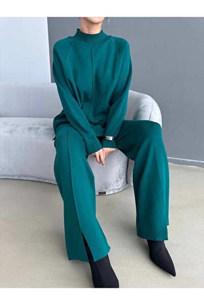Lusin Women's Half Turtleneck Sweater Trousers Bottom Top Knitwear Set - Nefti Green