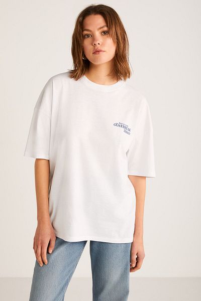 GRIMELANGE Fınola Γυναικείο λευκό μπλουζάκι Oversize - Μπλε λεπτομέρεια κειμένου, κοντό μανίκι