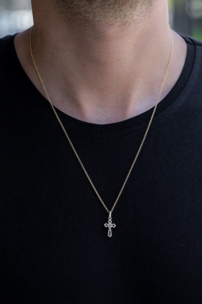 Cenova Jewelry 14 Ayar Altın İki Renkli Haç Kolye