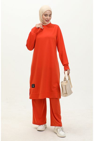 sefamerve Orangefarbenes Tunika- und Hosen-Set mit zwei Saiten – 0044-12