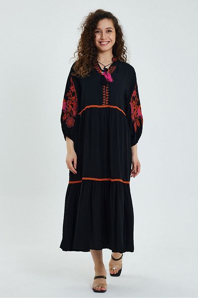 AYASOFYA OTANTIK Rochie lungă de damă, neagră, cu mâneci brodate, cu guler cu plăcuțe
