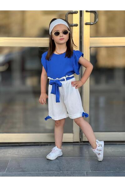 Genel Markalar Kız Çocuk Şort - Bluz - Bone - Kemer 4 Parça Alt Üst Takım - B...