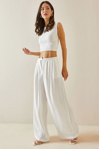 XHAN High Waist White Pleated Palazzo Trousers - 5YXK5-48660-01