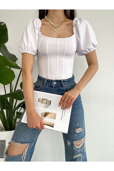 aytenli Square Collar Striped Ballon Sleeve Crop Bluz