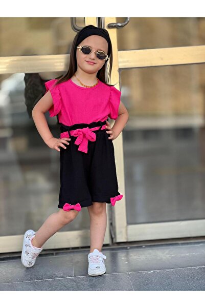 Genel Markalar Kız Çocuk Şort - Bluz - Bone - Kemer 4 Parça Alt Üst Takım - B...