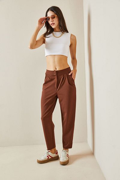 XHAN 5YXK5-48662-18 Model Brown Pleated Pencil Pants