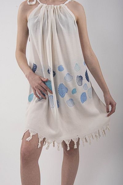 REİNA TEKS Beachwear Peshtemal Seashell Print Βαμβακερό φόρεμα παραλίας με λεπτομέρεια δέσιμο 1 τεμαχίου Pareo