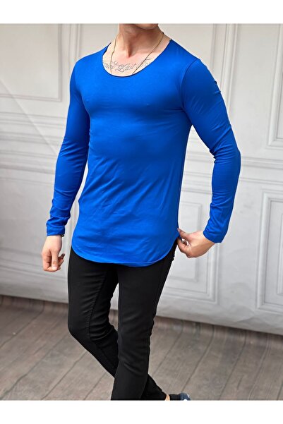 THE ONE Ανδρικό μπλουζάκι με μακρύ μανίκι με φαρδύ γιακά μπλε κοβαλτίου κοψίμ...