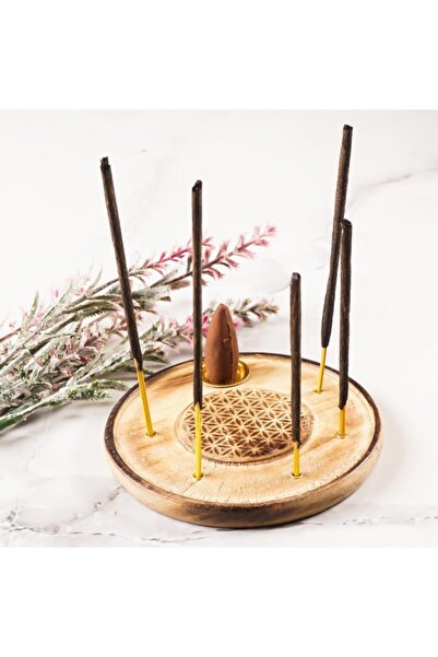 Mitr Yaşam Çiçegi  Temalı Yuvarlak Ahşap Konik Tütsülük