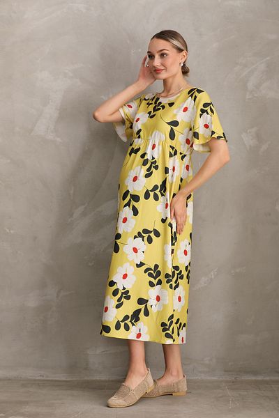 Miss Dünya Lissa Printed Woven Fabric Maternity Dress - Long Crew Neck, Short Sleeve and Pocket
