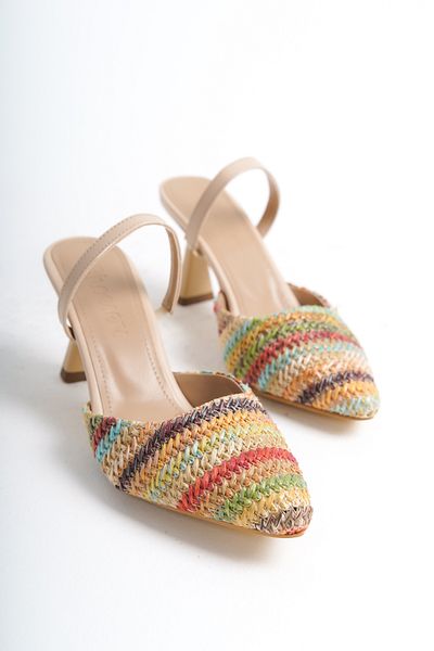 Shoesers Pantofi de zi cu toc pentru femei, colorați, cu vârf ascuțit, acoperiți cu paie - Design special