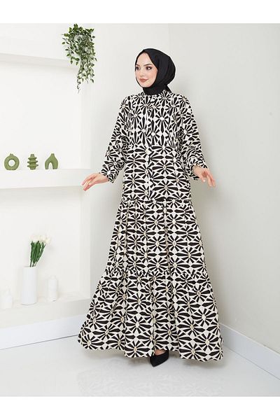 MODAMERSİ Viscose Fabric - Black Beige Patterned Women's Dress