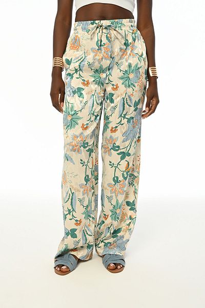Orfeo Negro Comfortable Molded Women's Floral Pattern Elastic Waist Wide Leg Pants