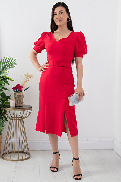PULLIMM Kalp Yaka Kısa Kol Yırtmaçlı Elbise JNL2127