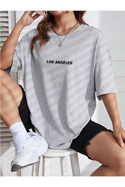 Revasser Unisex Kadın/Erkek LOS ANGELES Renkli Özel Baskılı Oversize Pamuk Penye Bisiklet Yaka T-Shirt