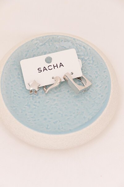 Sacha Accessories مجموعة حلقات فضية بنمط نجمة - أقراط على شكل قلب ومربع