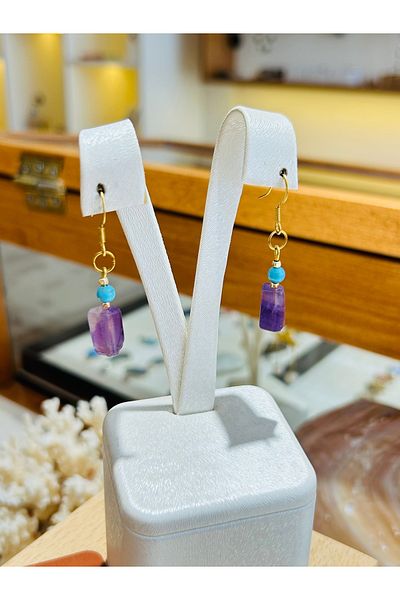 Luna Natural Stone Turquoise and Amethyst Steel Earrings