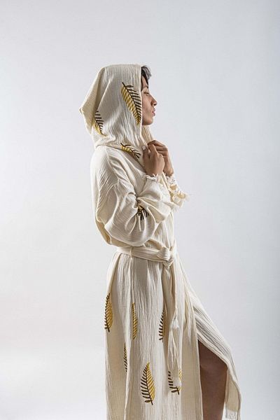 REİNA TEKS Peshtemal Bathrobe Pareo Cotton Beach Yellow Pine Leaf Pattern 1 Piece Unisex Beachwear Kimono Kaftan