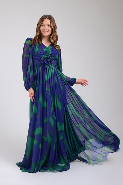 SpringStore Rochie de seara smarald cu maneca lunga - Design cu talie trandafir