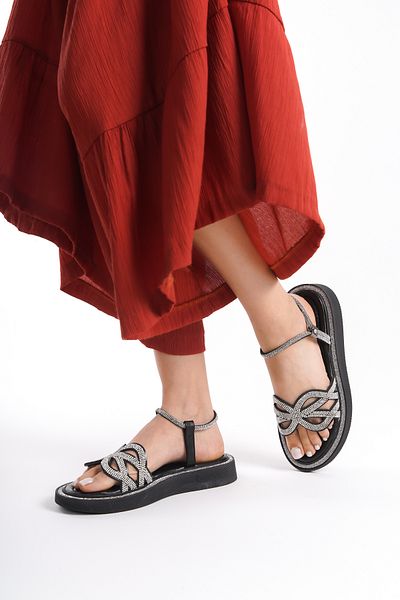 Moda Değirmeni Sandale negre de damă cu detaliu de piatră - Camollin BG1146-123-0003