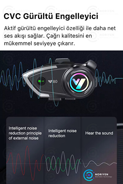 Noriyen Y80 Yeni Nesil Motosiklet Kask Interkom Mikrofonlu Gürültü Engelleyici Işıklı 5.3 Bluetooth Kulaklık