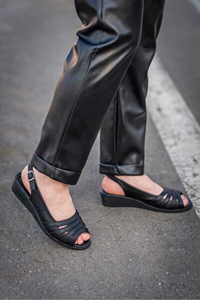 Genel Markalar Garantili Siyah Deri Anne Ortopedi Rahat Yumuşak Sandalet 36-3...