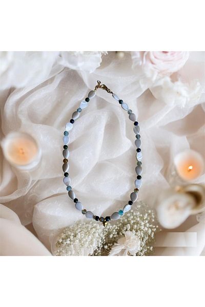 MSTR Art Azurite Drop Mother of Pearl and Agate Necklace - TEARDROP MOTHER-OF-PEARL, AGATE and AZURITE Neckles
