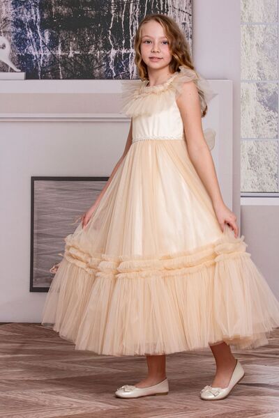 SÜSLÜ PİNK KİDS KIZ ÇOCUK TÜLLÜ UZUN ELBİSE