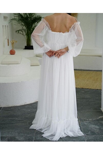 sarebutik Tül Detay Beyaz Prenses Nikah Abiye Elbise