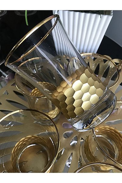 DECOSTYLE Honeycomb Gold Decorated Paşabahçe 420055 300Cc Water Glass 6 Pieces