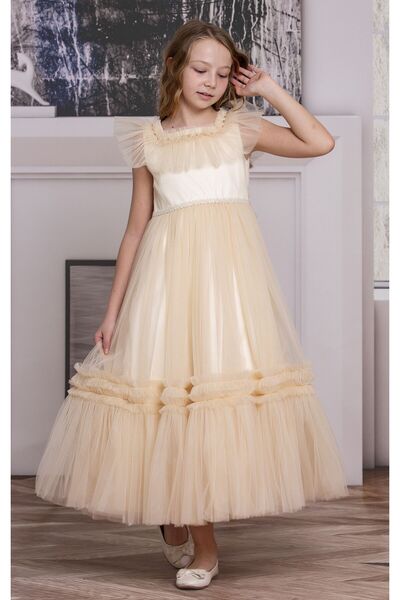 SÜSLÜ PİNK KİDS KIZ ÇOCUK TÜLLÜ UZUN ELBİSE