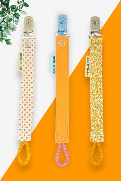 JMB Just My Baby 3-Piece Orange Floral Patterned Pacifier Strap - Washable - Cotton