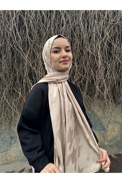 shalby Hijab Silky Cotton Jacquard Large Houndstooth Patterned Shawl Mink