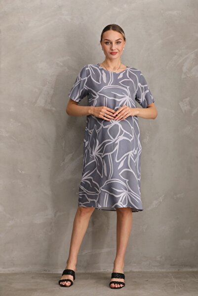 Miss Dünya Lissa Hamile Baskılı Midi Kısa Kol Yandan Cepli Elbise