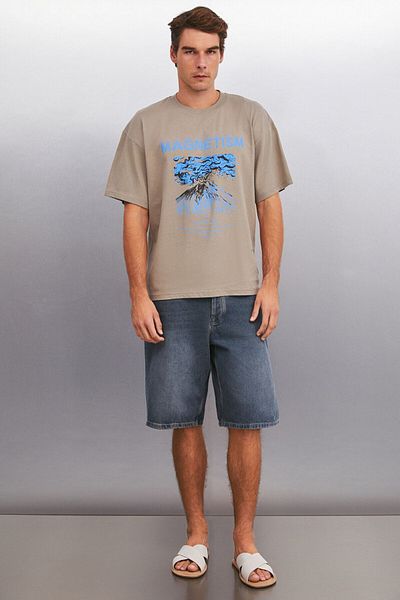 GRIMELANGE Maddox Men's 100% Organic Cotton Print Detailed Thick Textured Oversize Fit Mink T-Shirt