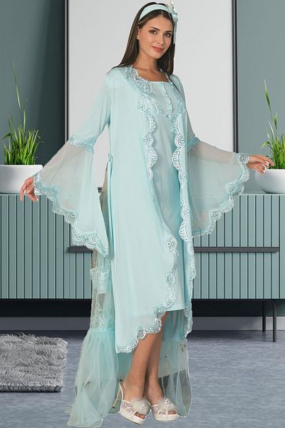 Mecit Pijama 2-Piece Tulle Detailed Short Sleeve Nightgown Set for Maternity and Pregnant Women - with Dressing Gowns