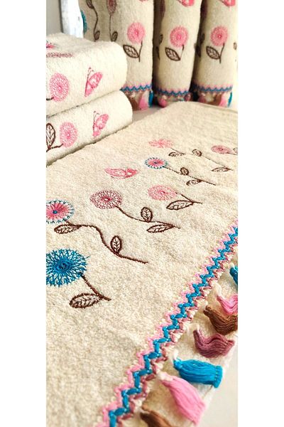 A.Z.H. Mother's Dowry 50x90 CmCurly Textured New Trendy Heart and Flower Embroidered Hand and Face Towel (SET OF 6)