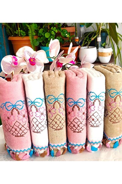 Z&N STYLE Annem Çeyizlik 50x90 см. Канавече з квітковим візерунком, з бахромою, оксамитовий набір рушників, 6 штук