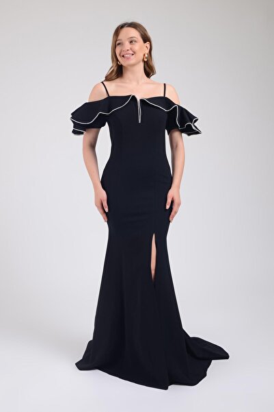 SpringStore Siyah Yakası Volanlı Krep Abiye Elbise