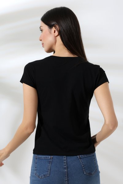 Endies Square Neck Short Sleeve Combed Cotton Compact Lycra Flexible Basic T-Shirt 21069 Black